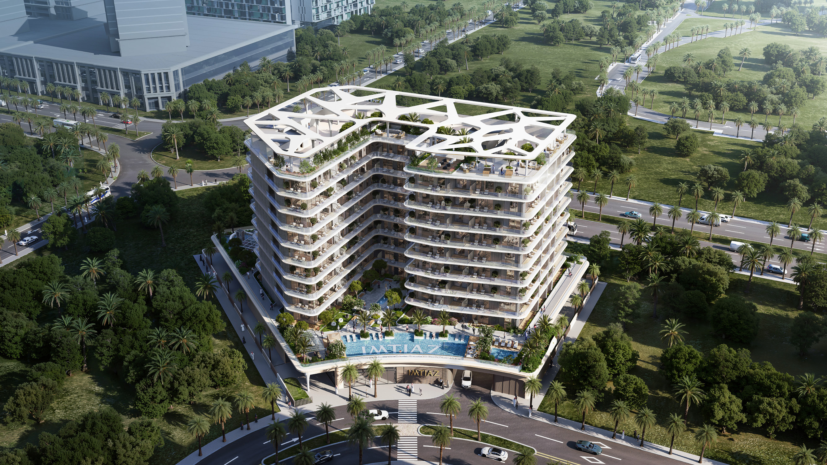 Render aéreo de Enrè Residence que muestra la forma de dos alas, la estructura de la azotea y el podio de piscina ajardinado.