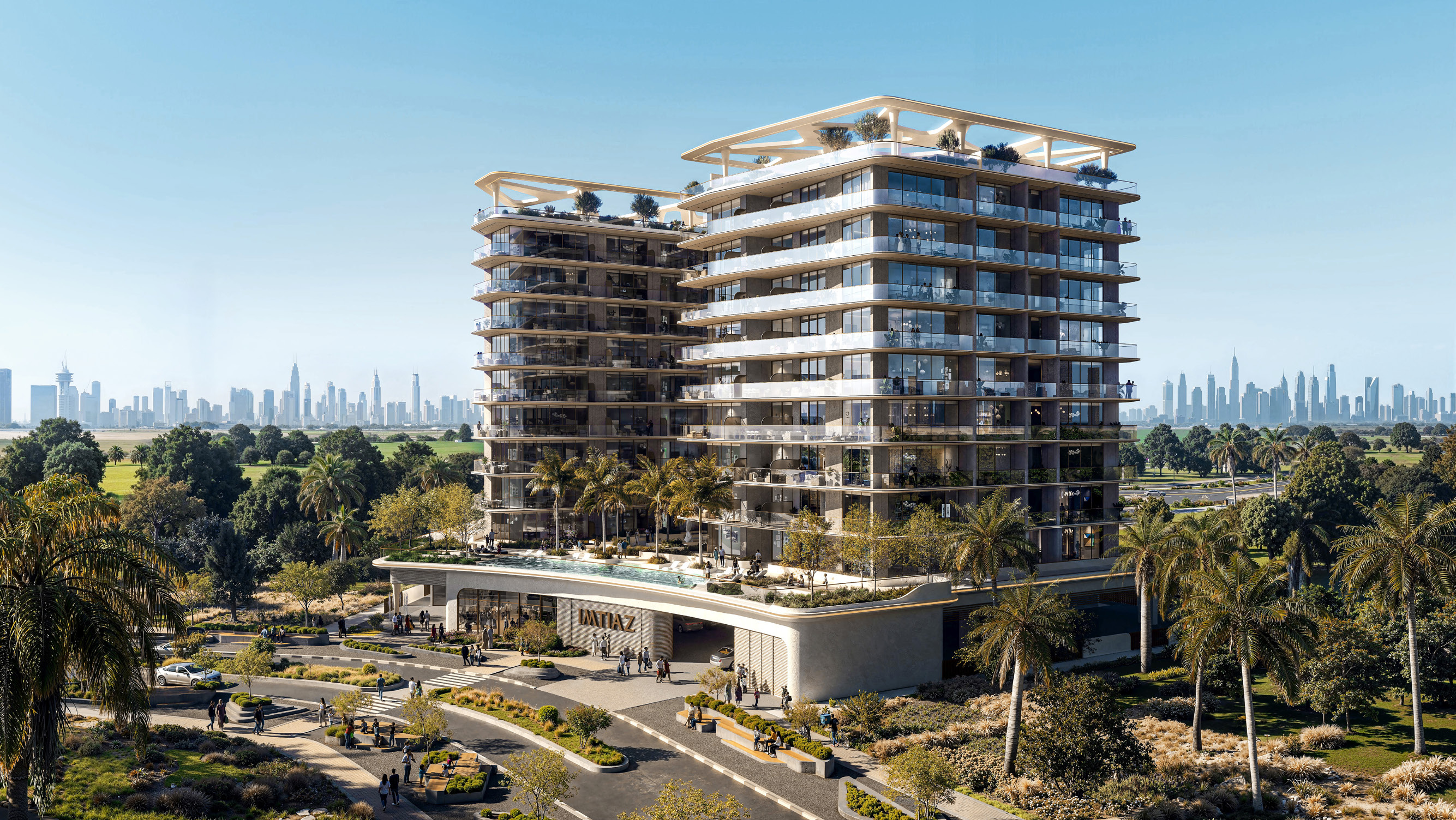 Render diurno elevado de Enrè Residence rodeado de vegetación, con el skyline de Dubái de fondo.