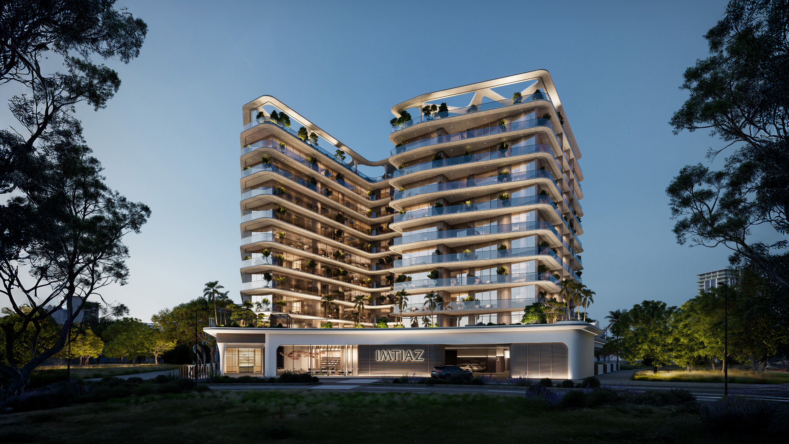 Render del exterior de Enrè Residence al atardecer, con el lobby iluminado y las alas esculpidas enmarcadas por árboles.
