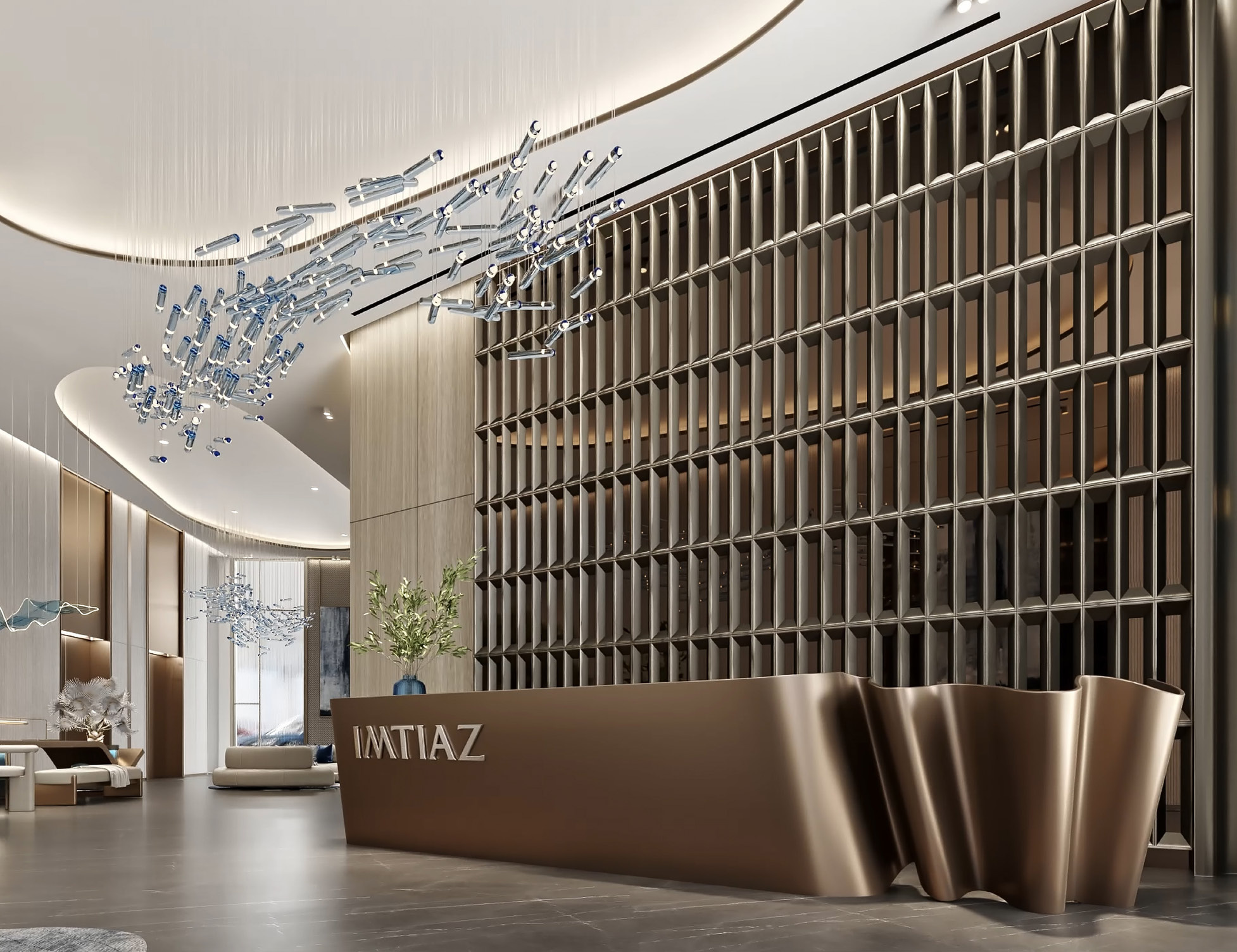 Lobby de entrada principal con un mostrador de recepción escultórico de Imtiaz, paneles verticales y arte suspendido.