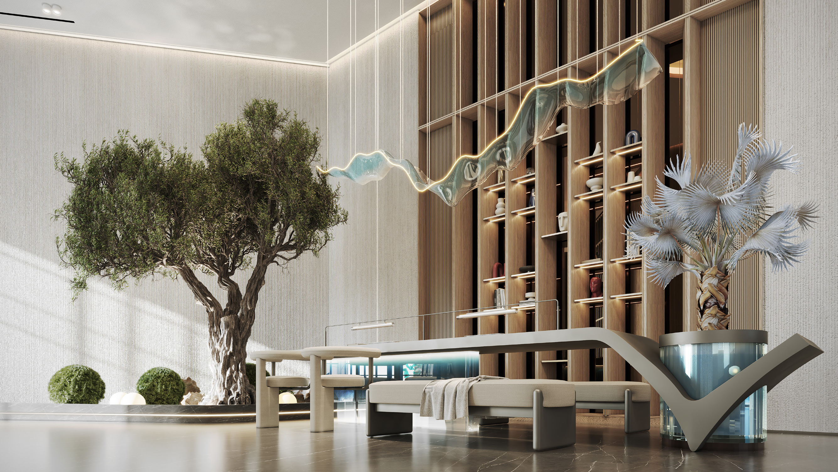 Lobby de doble altura con un árbol interior maduro, asientos escultóricos y arte suspendido de formas fluidas.