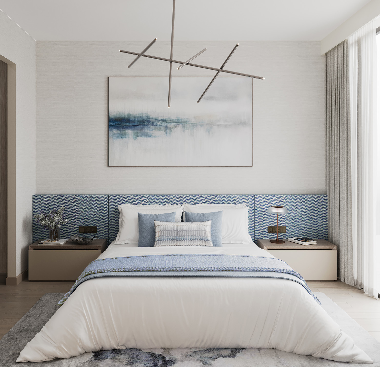 Vista frontal de un dormitorio sereno con textiles en azul suave, iluminación contemporánea y ventanales de piso a techo.
