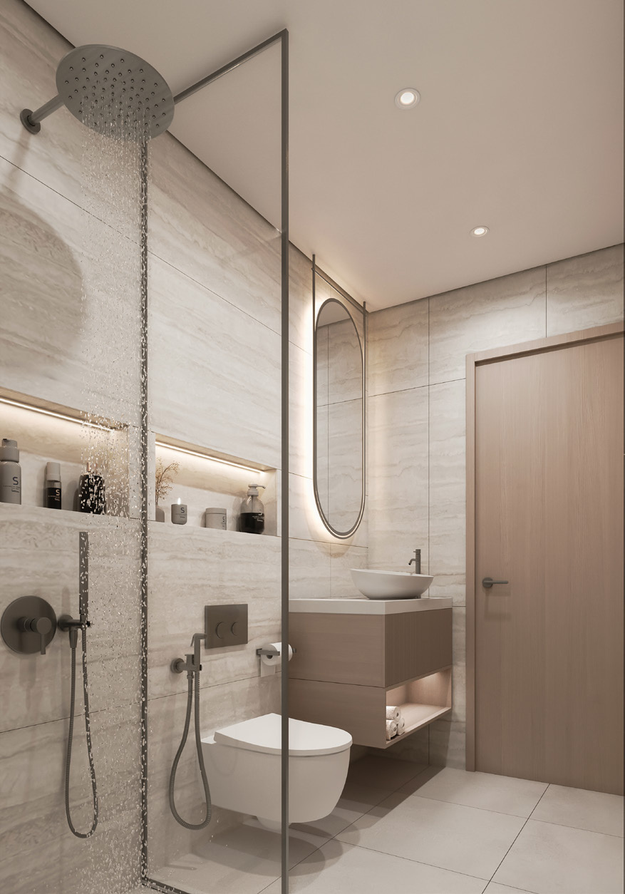 Baño moderno y compacto con ducha walk-in, sanitarios suspendidos e iluminación integrada.