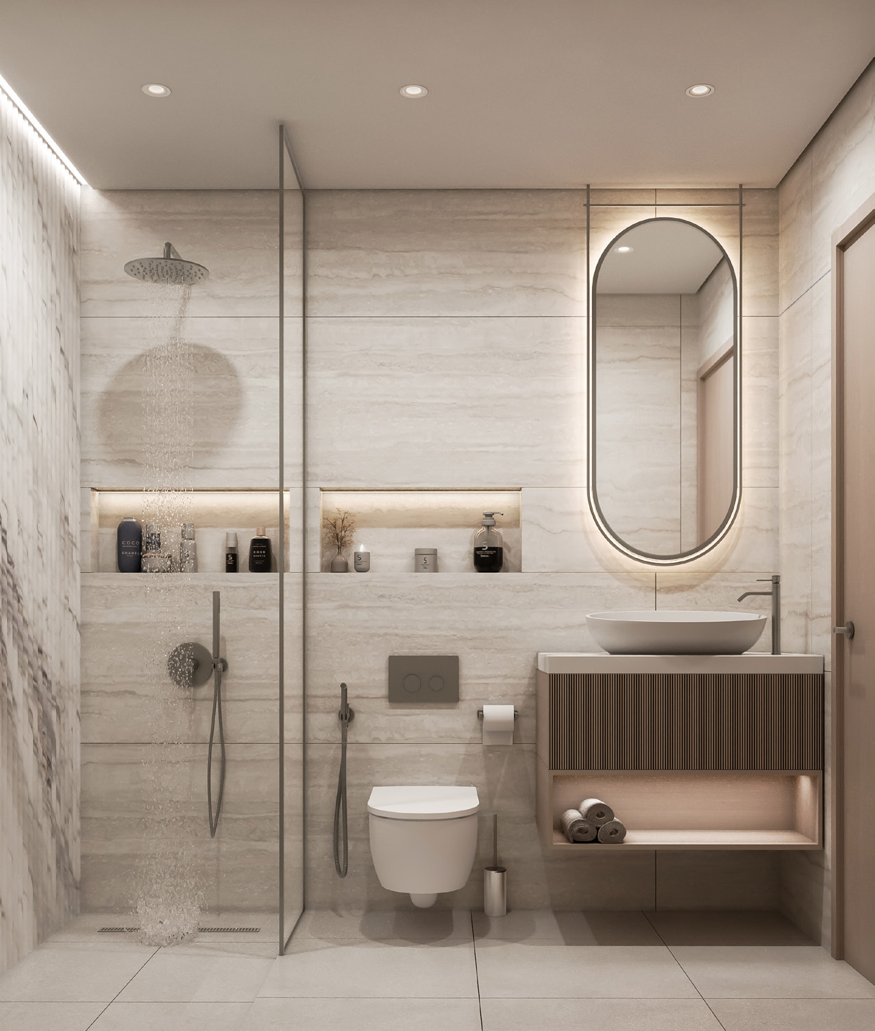 Vista frontal de un baño contemporáneo con mampara de vidrio, espejo ovalado y mueble de vanitory en madera.