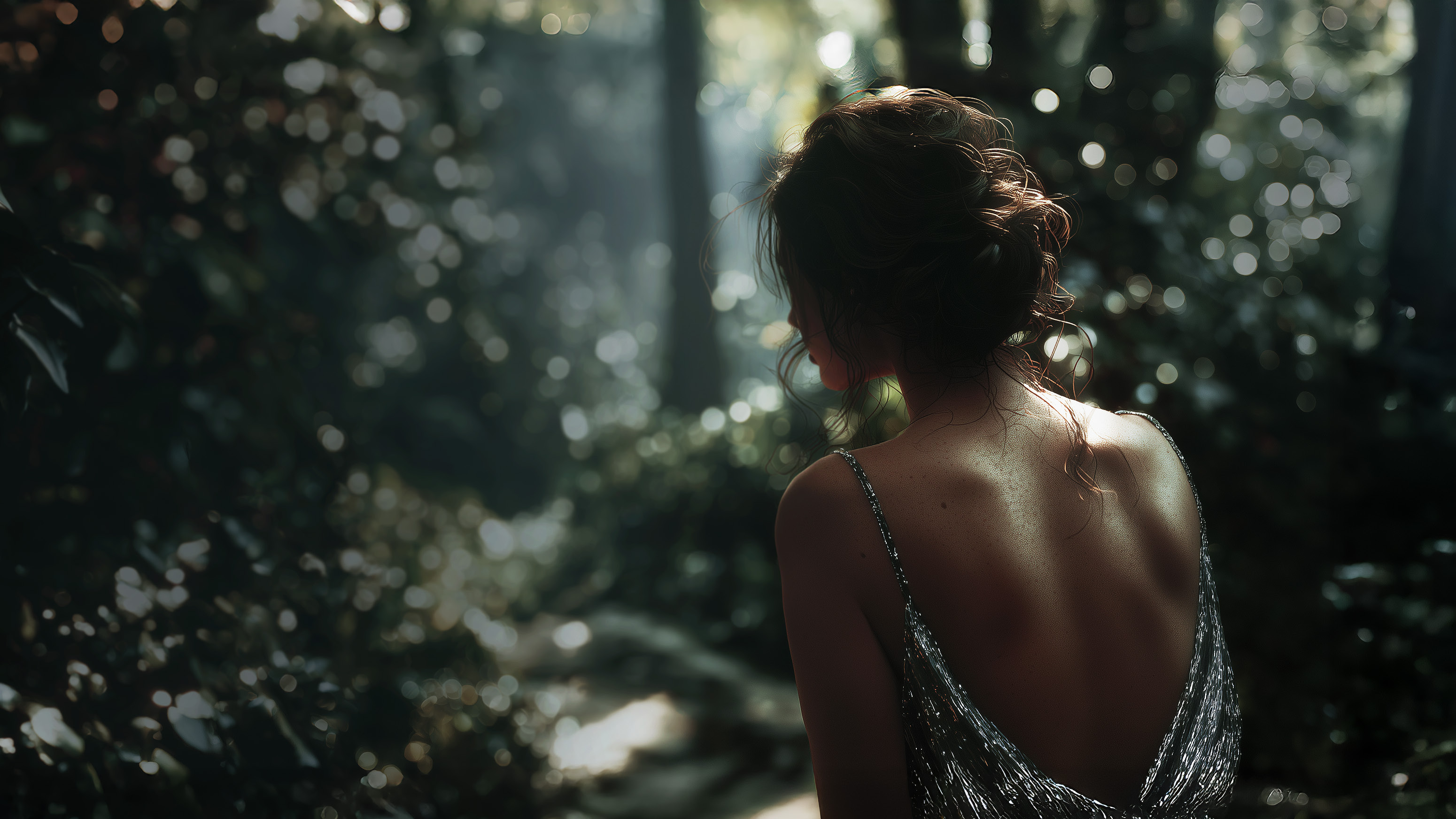 Mujer en un bosque iluminada por una luz natural suave, representando el concepto de Enrè Residence inspirado en la naturaleza.