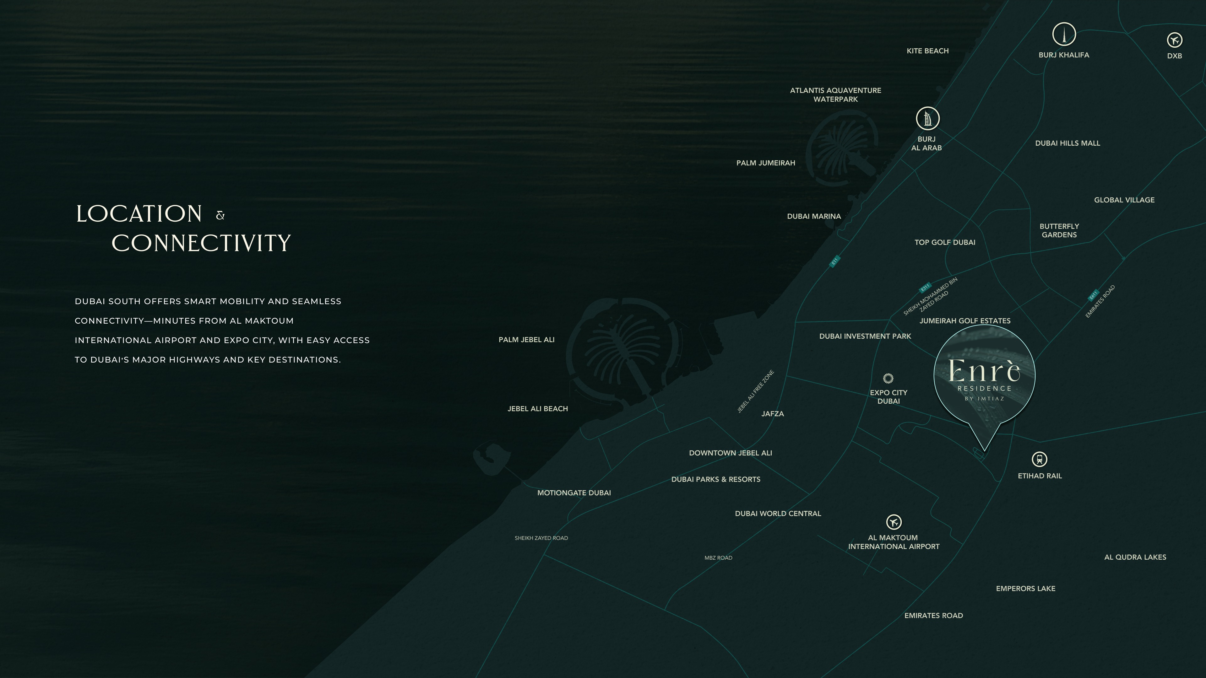 Mapa de ubicación del brochure oficial que sitúa a Enrè Residence en Dubai South, cerca de Expo City Dubai y Al Maktoum International Airport.