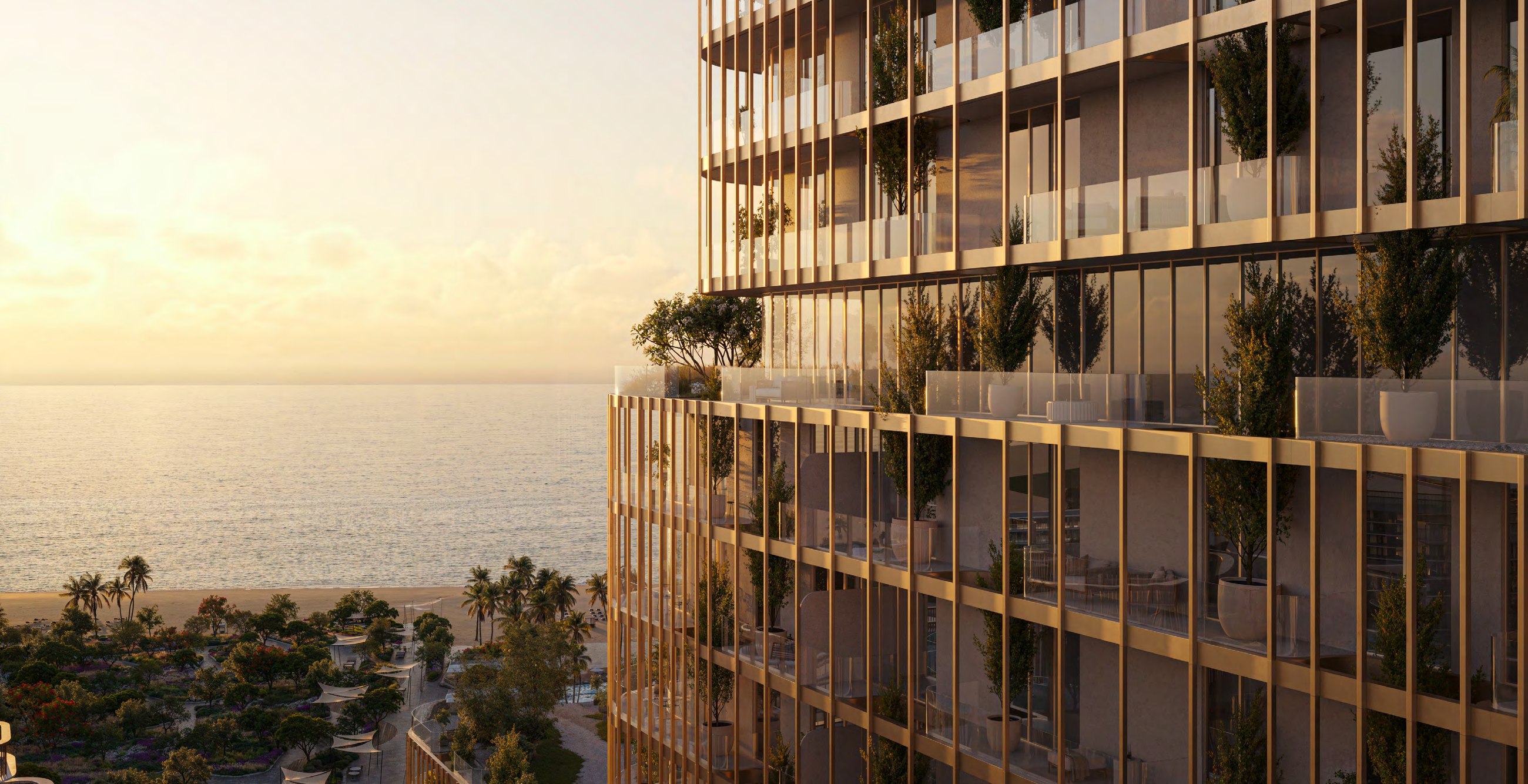 Close view of HADO's glazed terraced facade facing the sea at sunset.