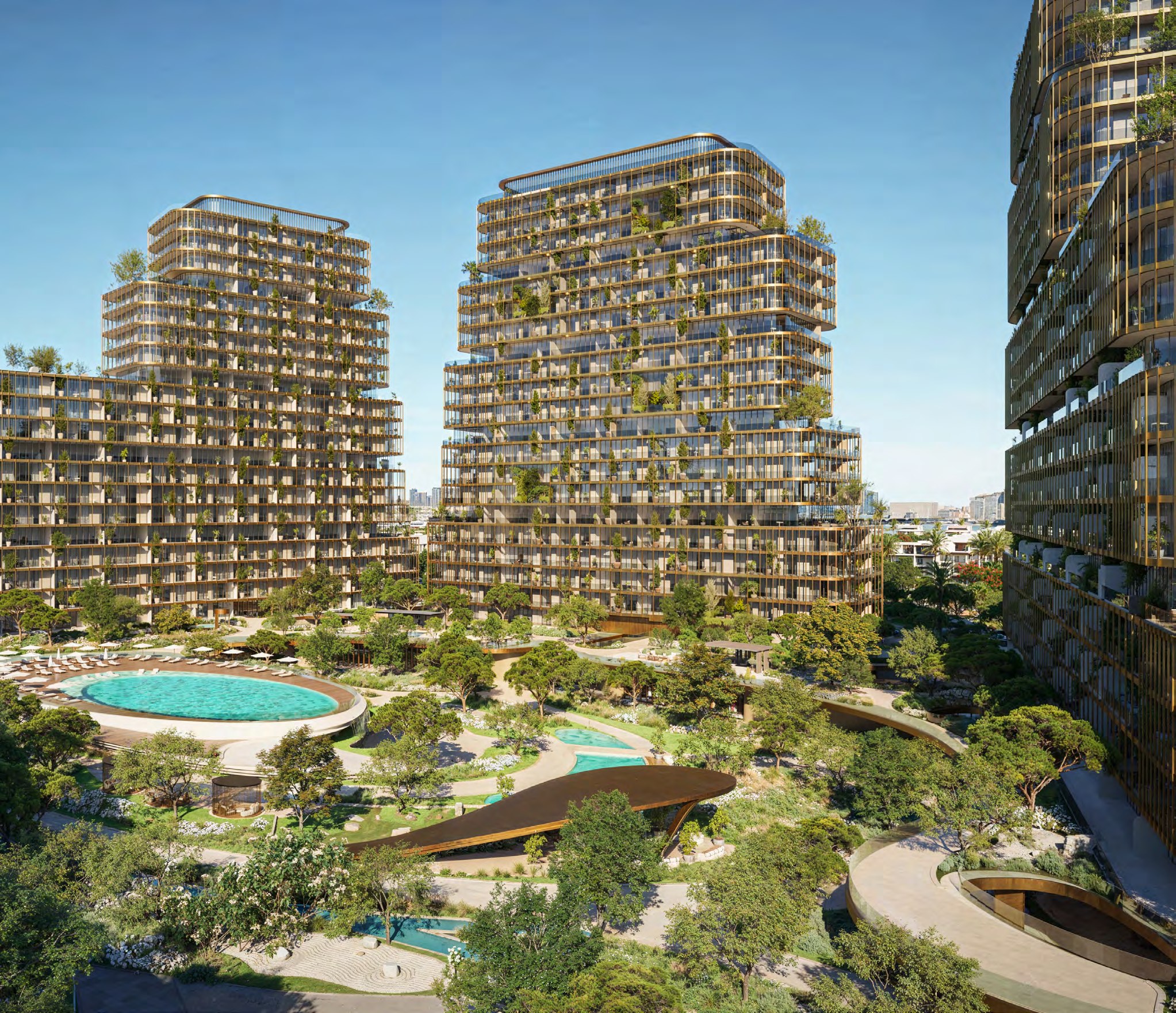 Two HADO towers framing a lush landscaped courtyard and resort-style pool.