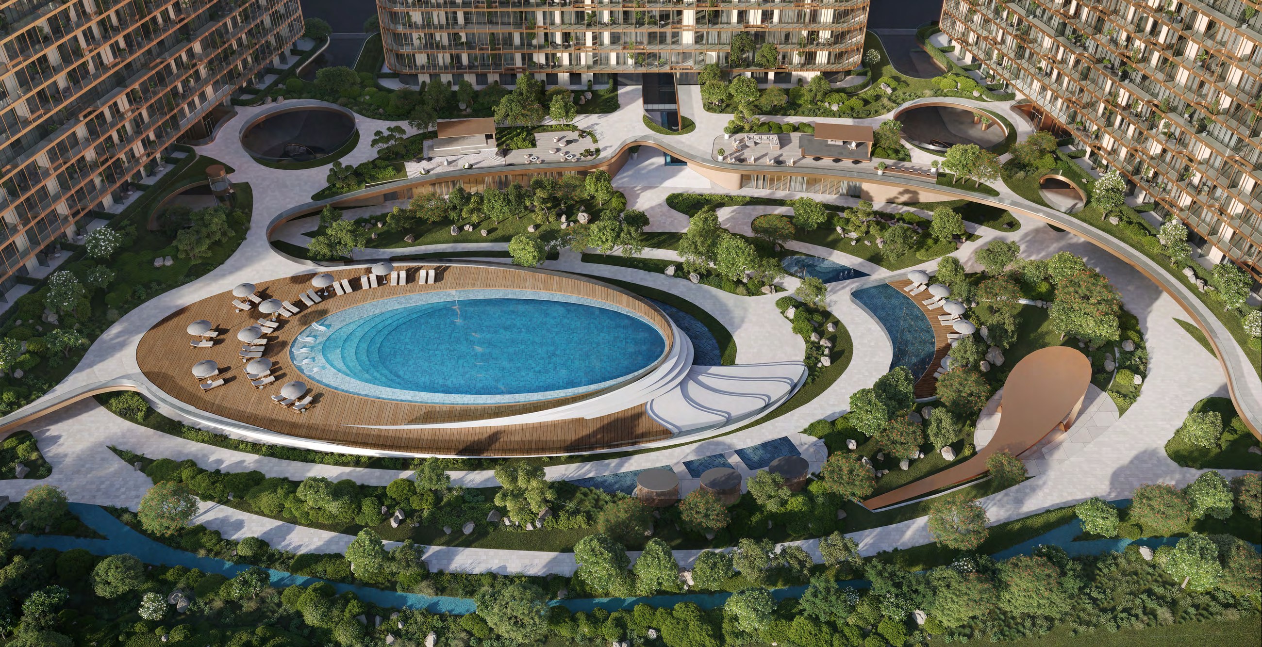 Top-down aerial of HADO's central pool, pathways, gardens and curved amenity structures.