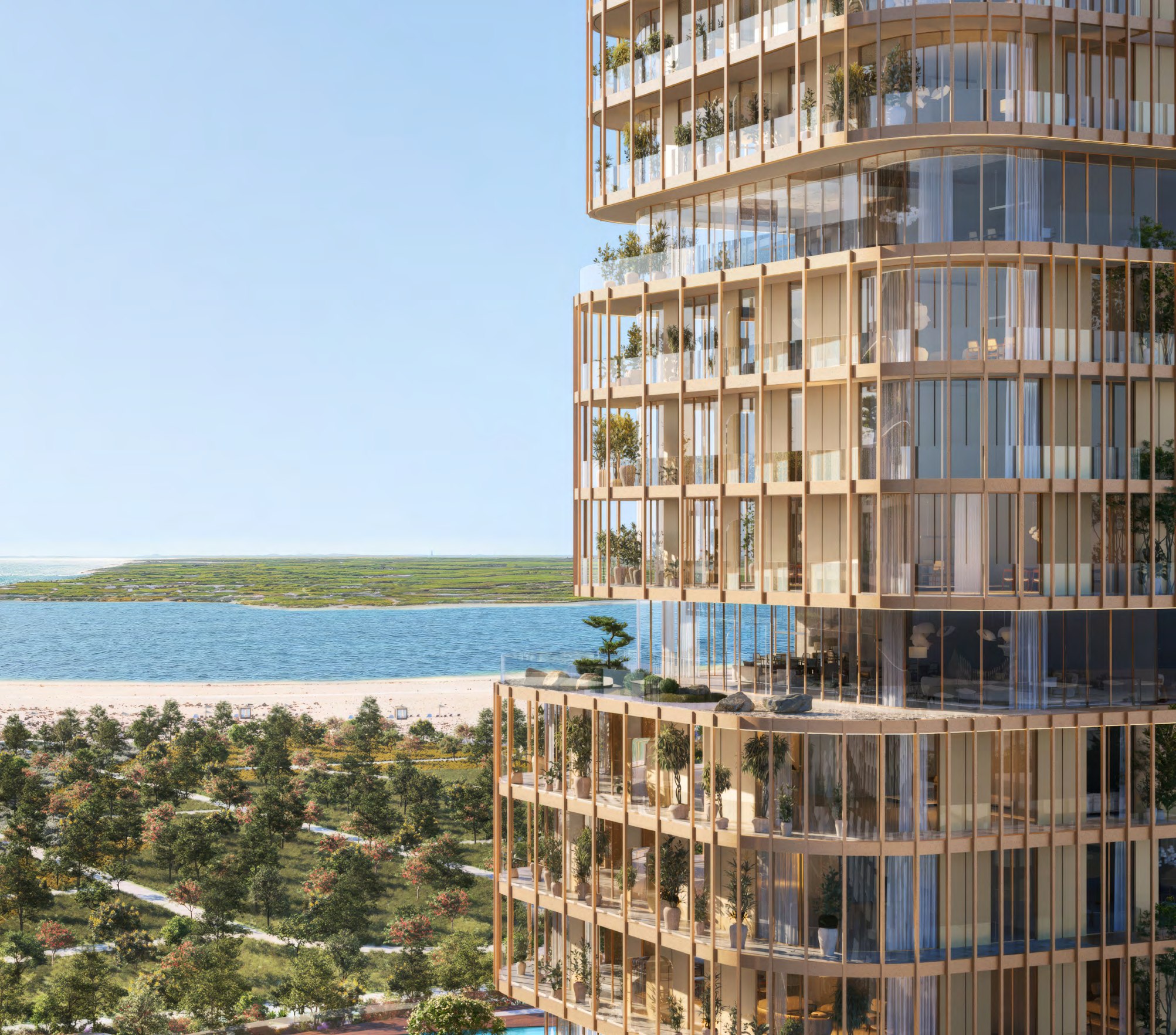 HADO tower facade with terraces overlooking water and greenery.