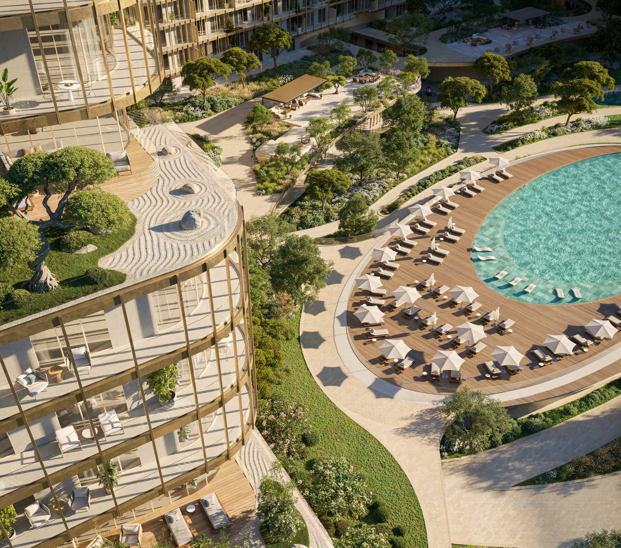 Vertical aerial view of the landscaped courtyard and pool between HADO towers.