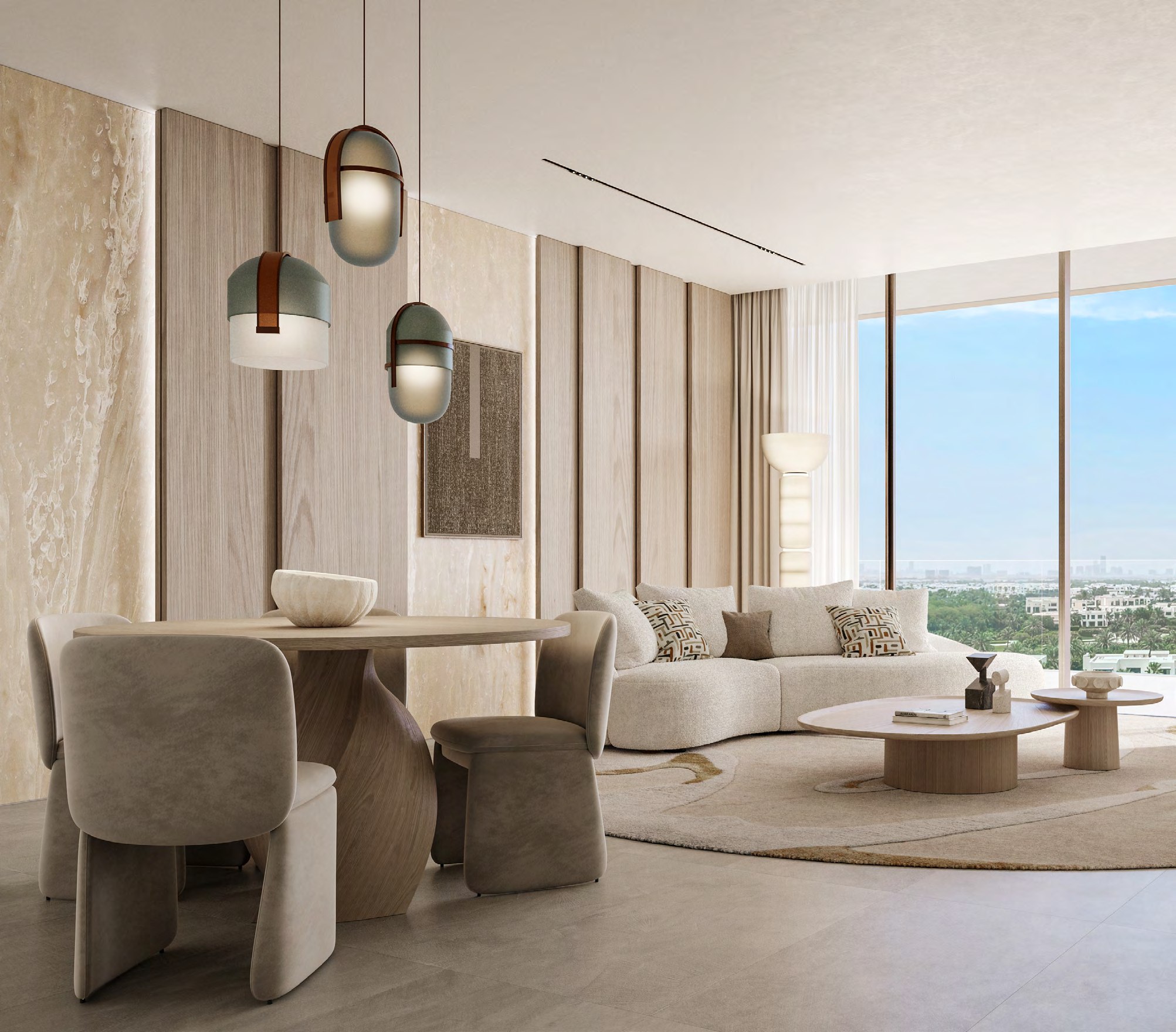 Neutral living and dining space with sculptural lighting and full-height glazing.