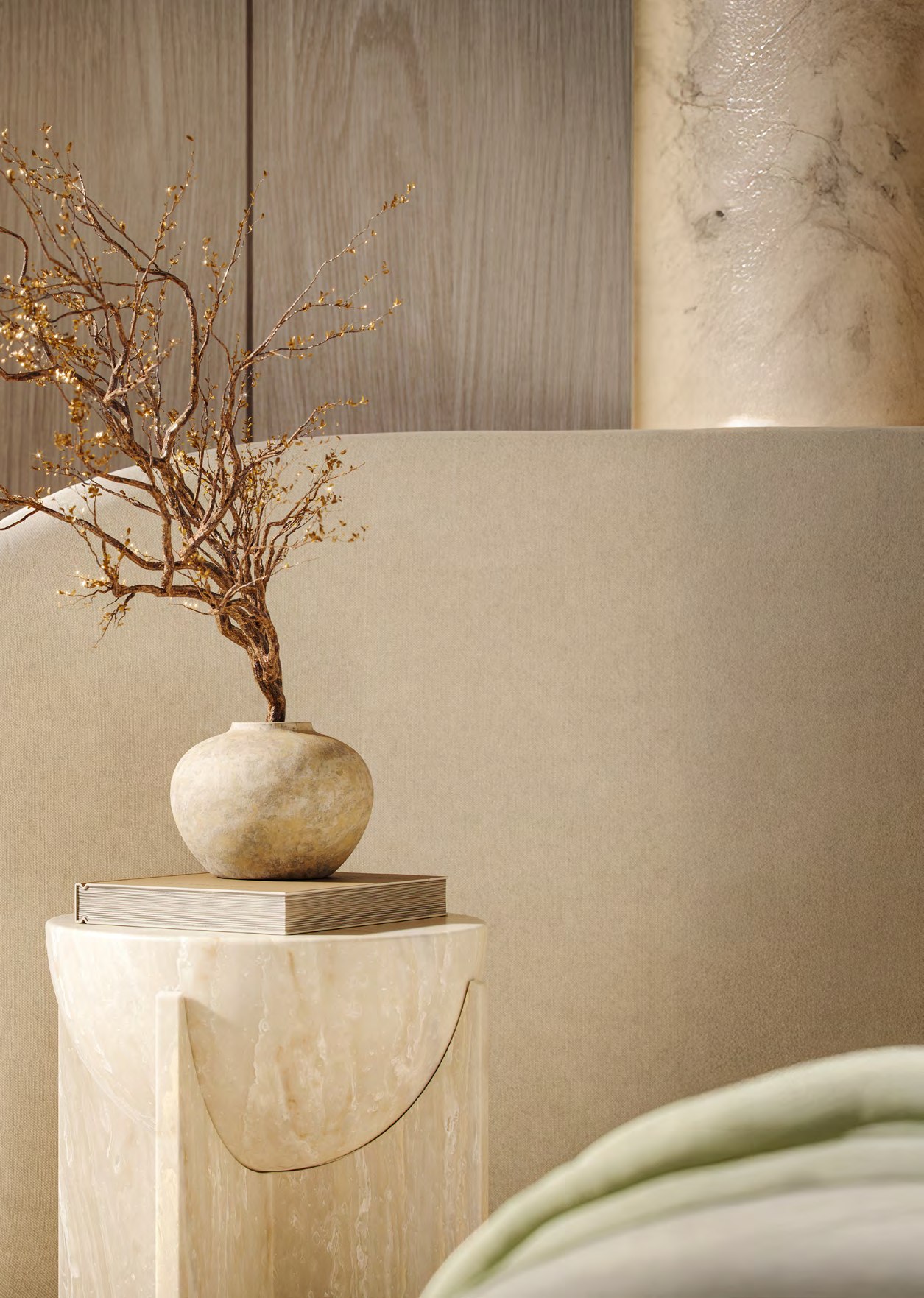 Sculptural vase and branch arrangement on a pale stone pedestal.