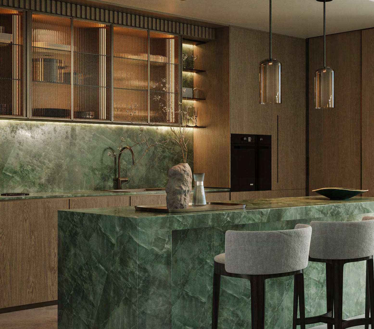 Kitchen with green stone island, timber cabinetry and refined metal accents.