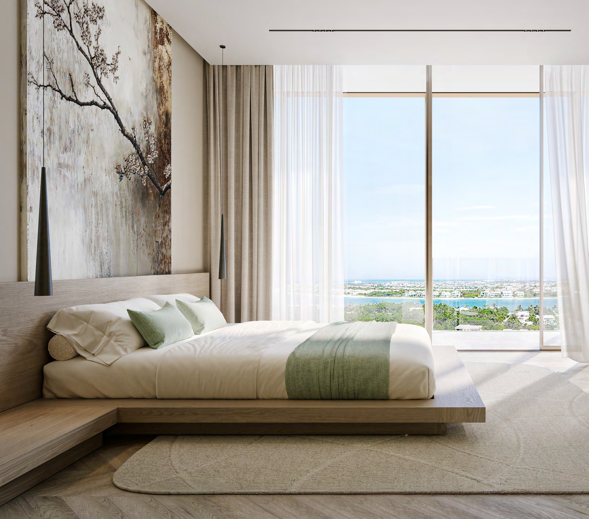 Serene bedroom with neutral finishes, soft green accents and waterfront view.