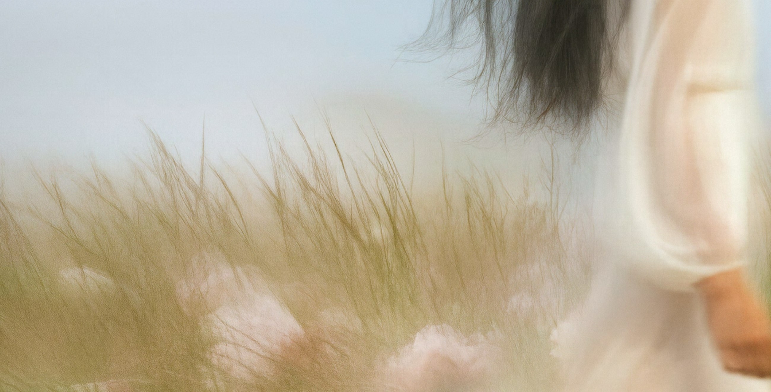 Editorial image of sunlit grasses and flowing white fabric.