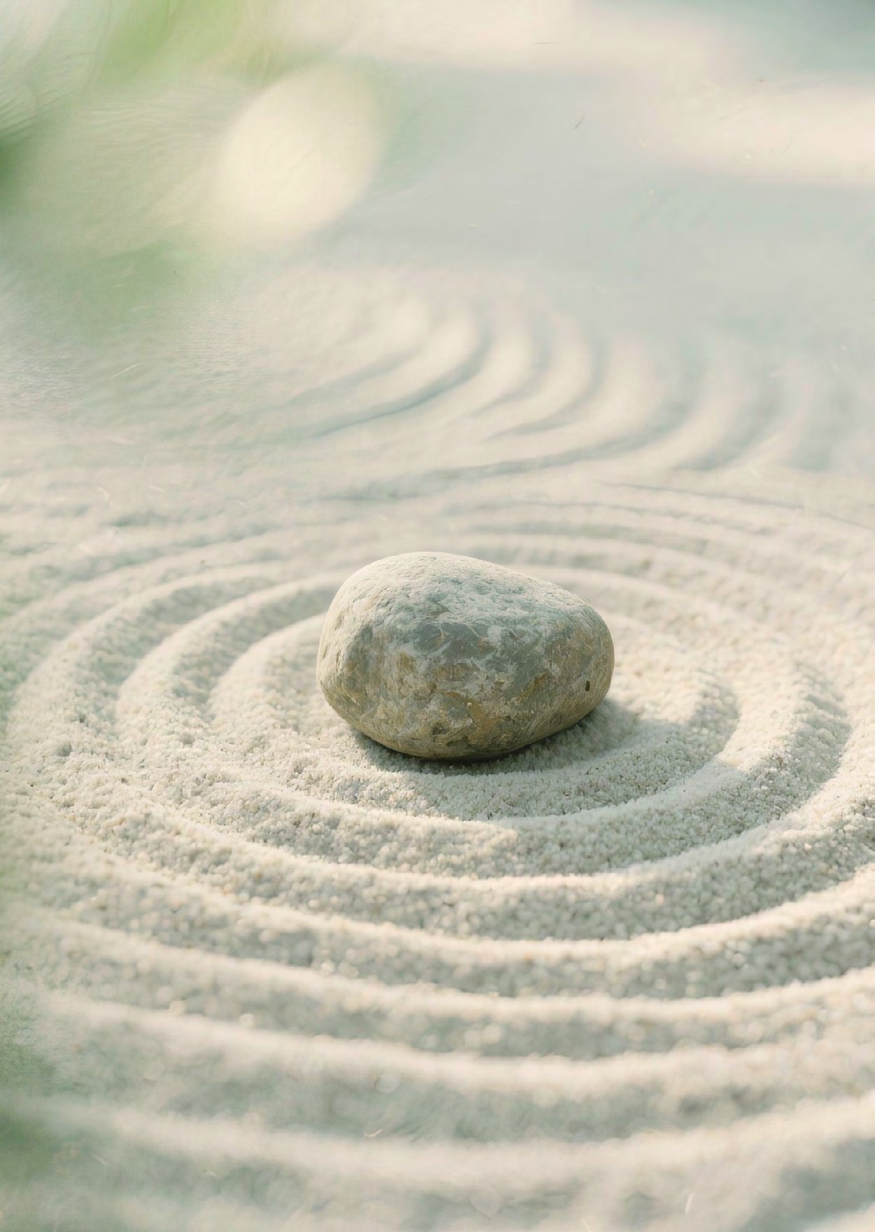Single stone placed in concentric patterns of raked sand.