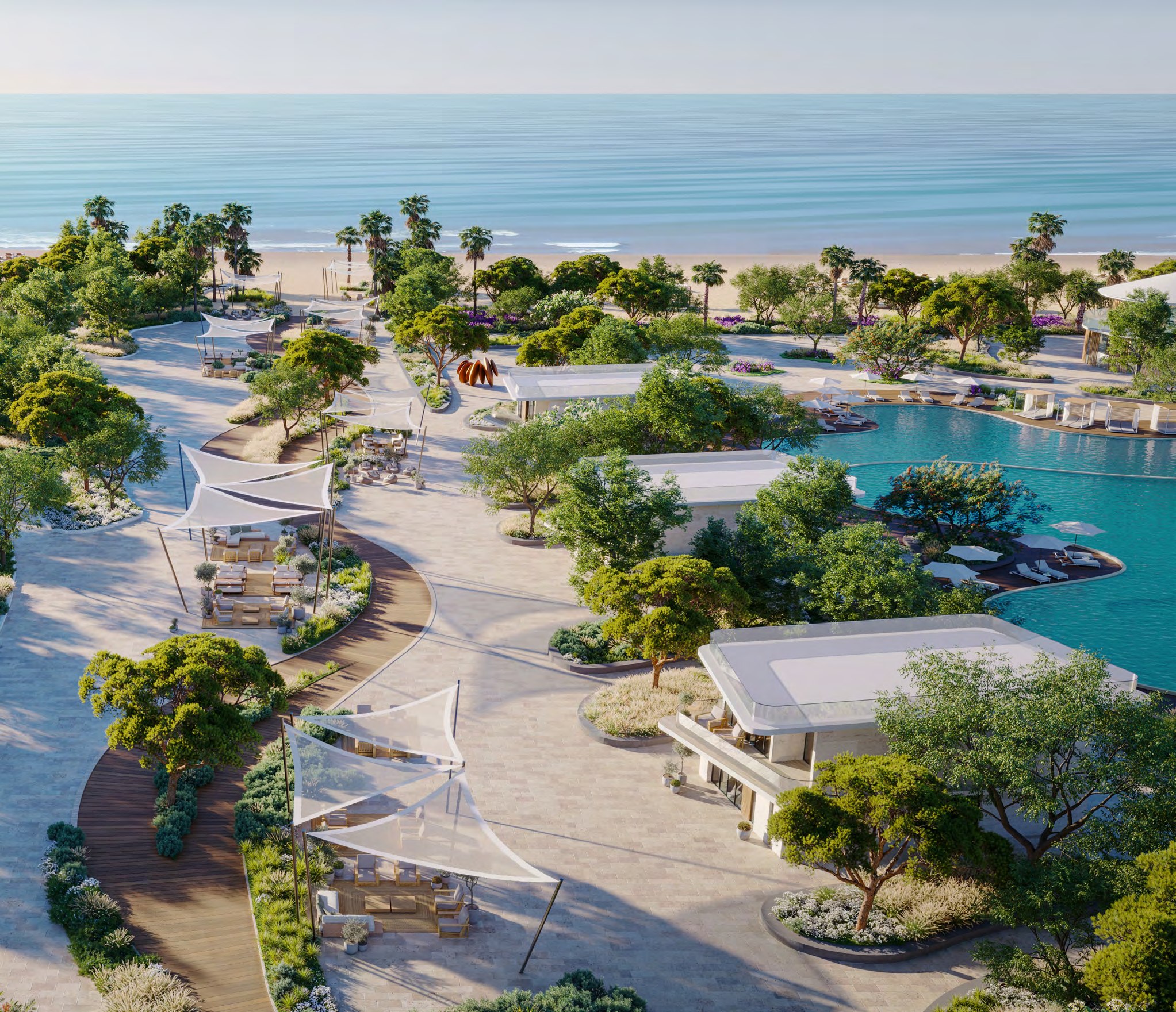 Landscaped waterfront public realm, lagoon and beachfront setting within Siora.