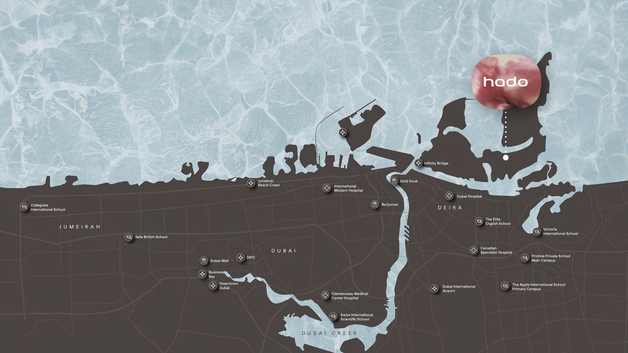 Illustrated map showing HADO on Dubai Islands and travel times to central Dubai destinations.