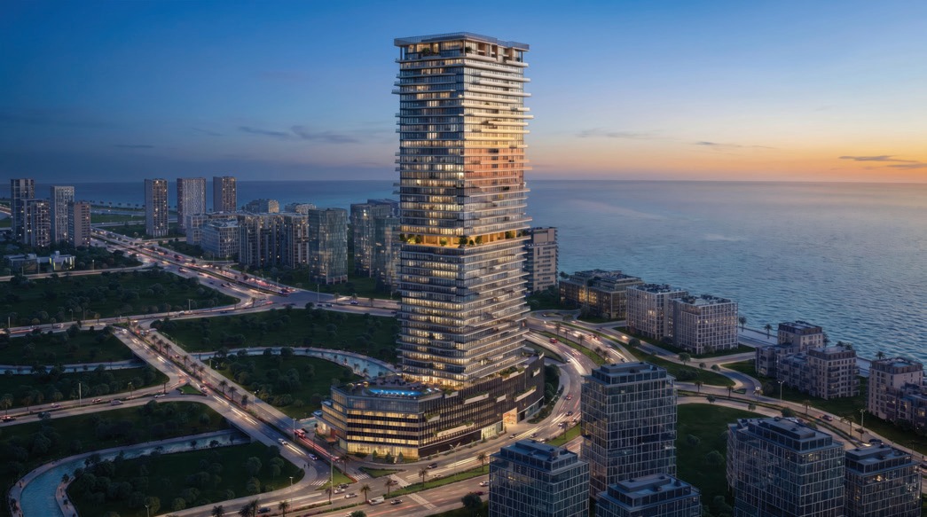 Radiant Terrace illuminated at dusk on Al Reem Island.
