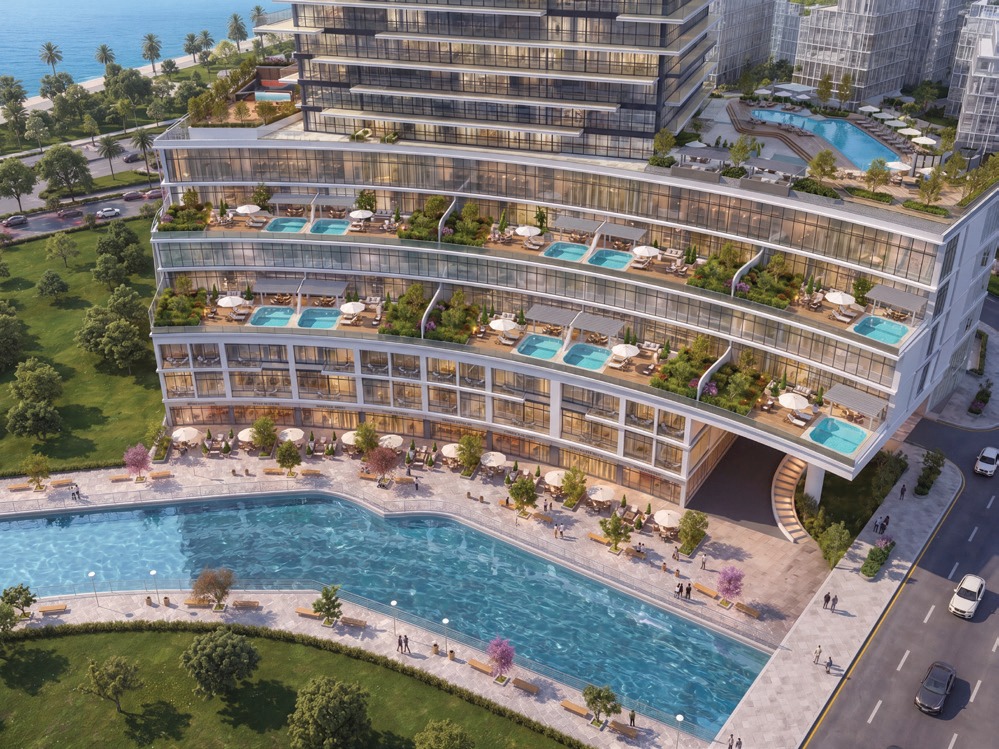 Close view of Radiant Terrace cascading residential terraces and pool deck.