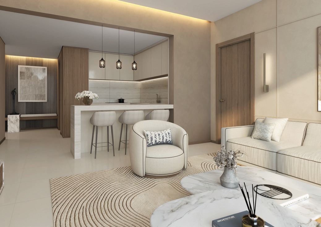 Light-toned Radiant Terrace living room with open kitchen and contemporary furnishings.
