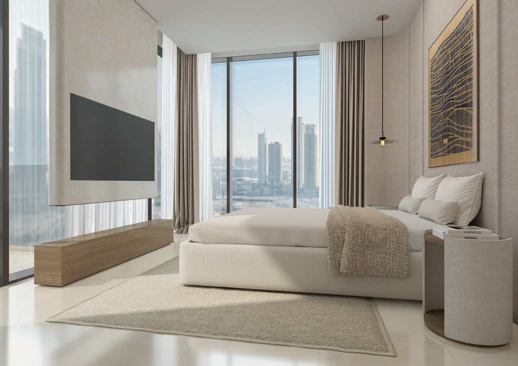 Radiant Terrace bedroom with floor-to-ceiling glazing and city views.