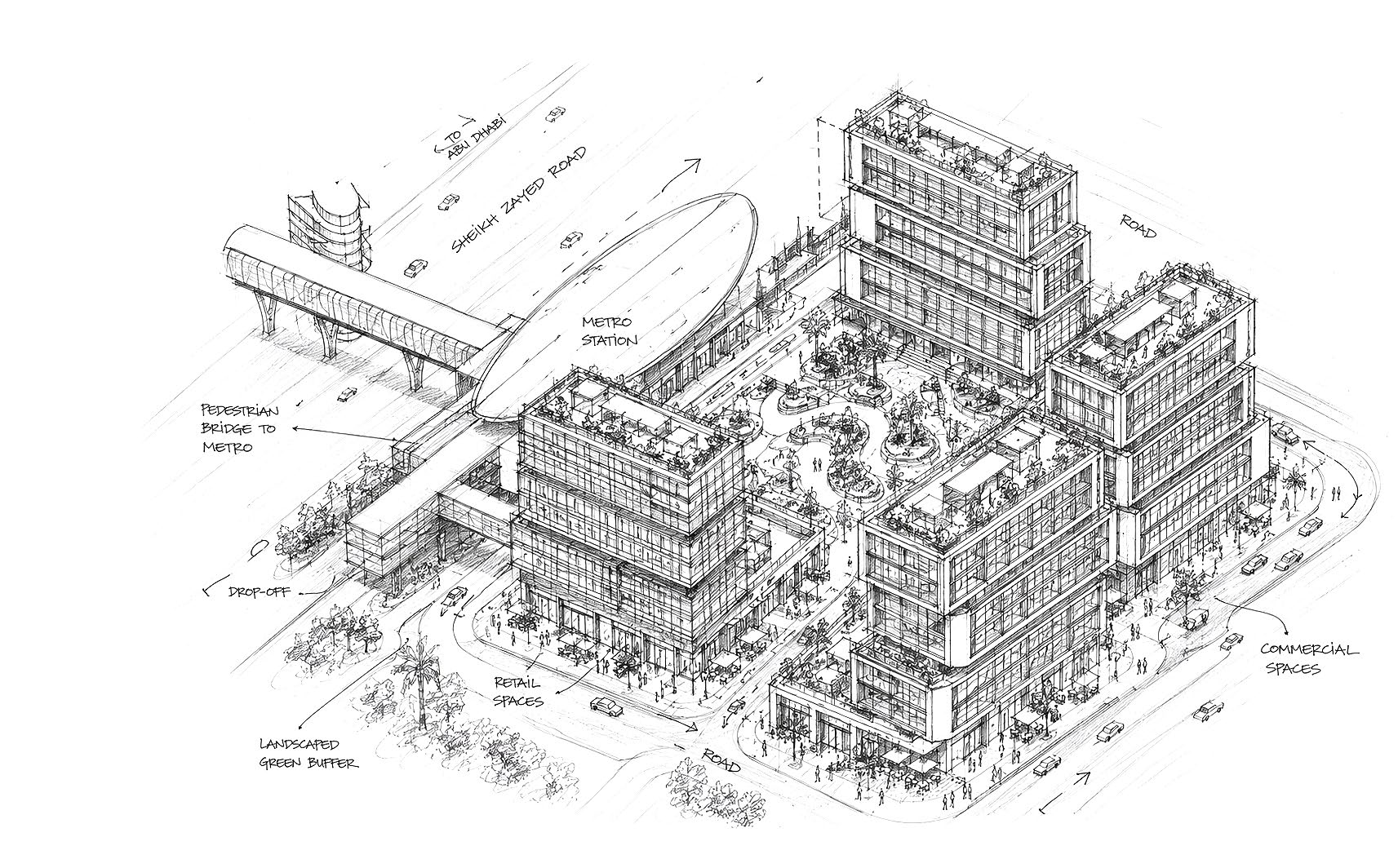 Architectural hand sketch of the mixed-use RAW District complex.