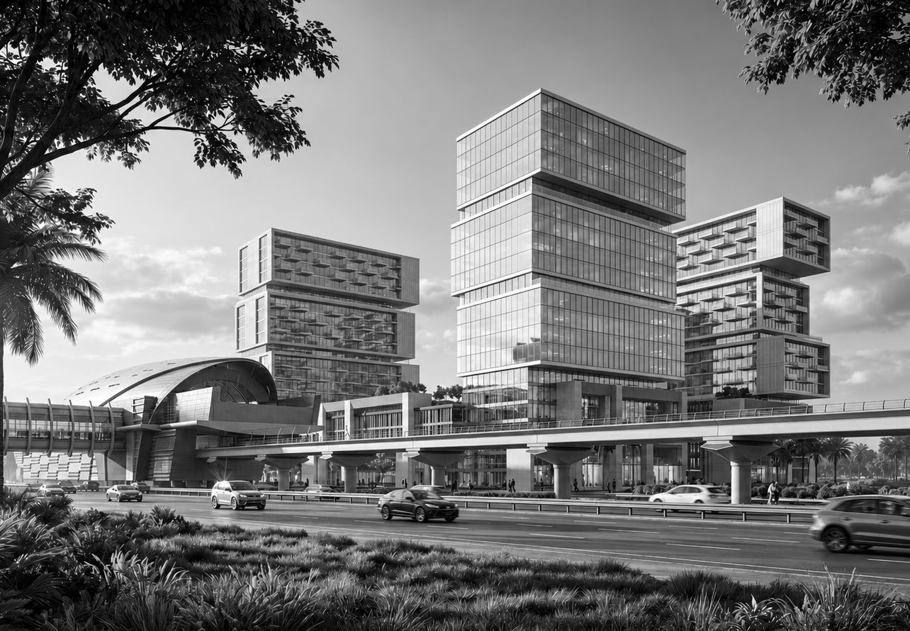 Black-and-white exterior rendering of RAW District beside the metro.