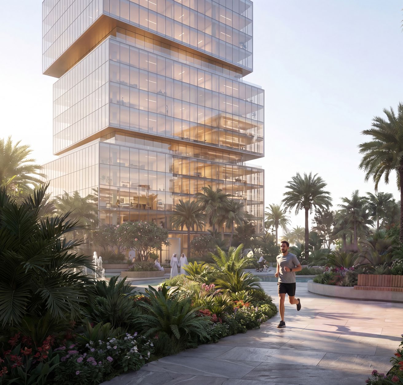 Daytime portrait rendering of a glass tower surrounded by landscaping.