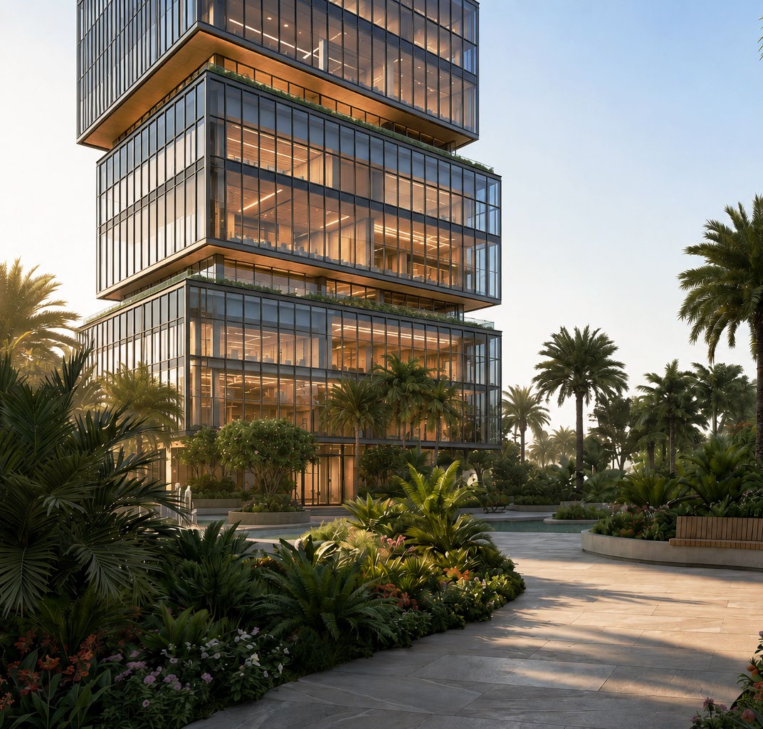 Landscape daytime rendering of a glass tower and landscaped promenade.