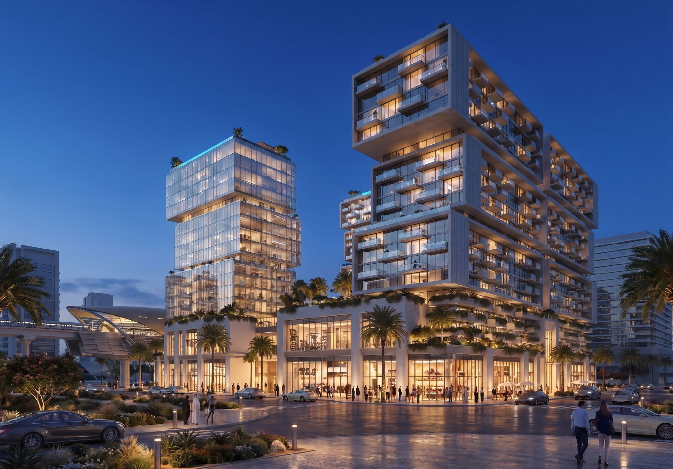 Dusk exterior rendering of the full mixed-use project.