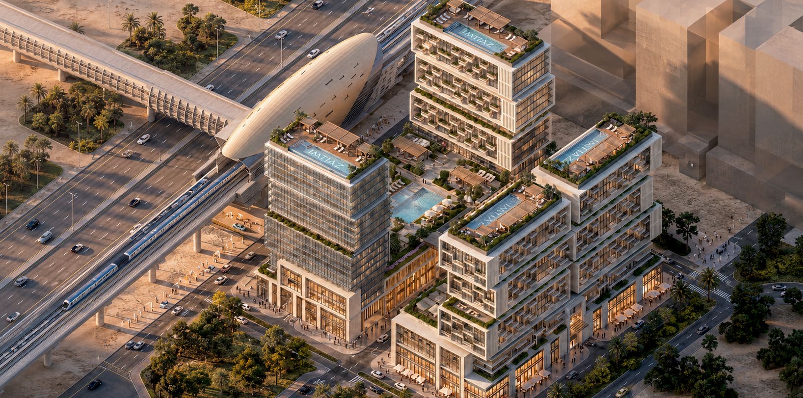 Aerial rendering showing the project, metro station, roads and landscaped roofs.