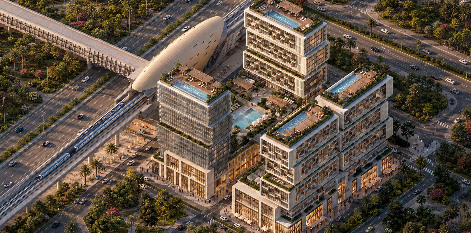 Alternate aerial rendering of the project and transport connections.
