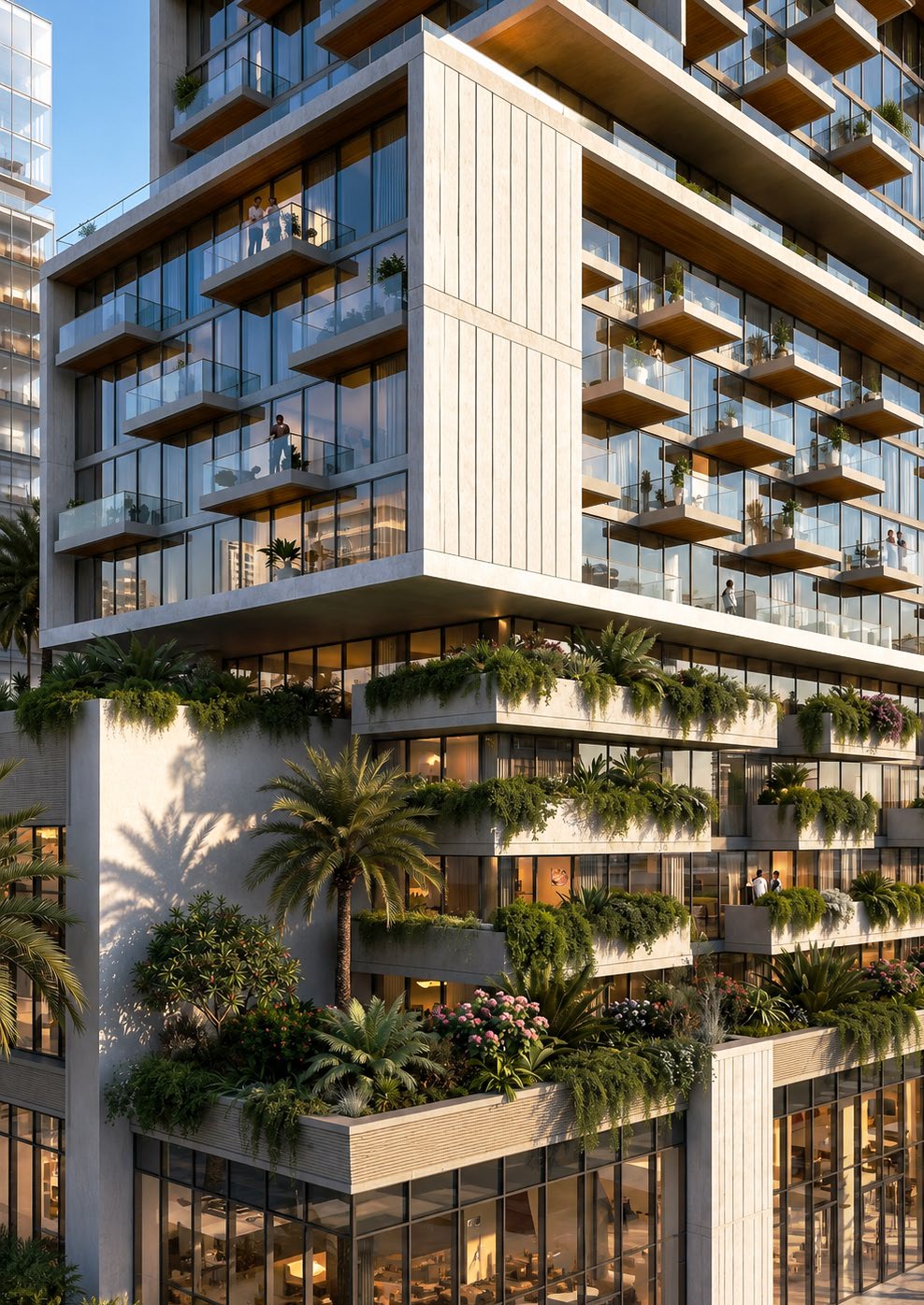 Close-up of planted balconies and layered residential facade.