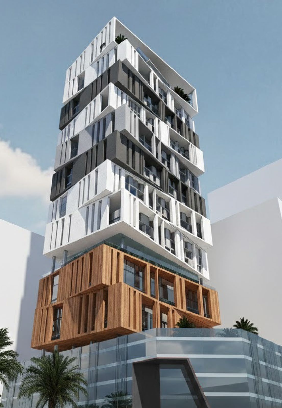 Vertical rendering of an Imtiaz tower with stacked contemporary volumes.