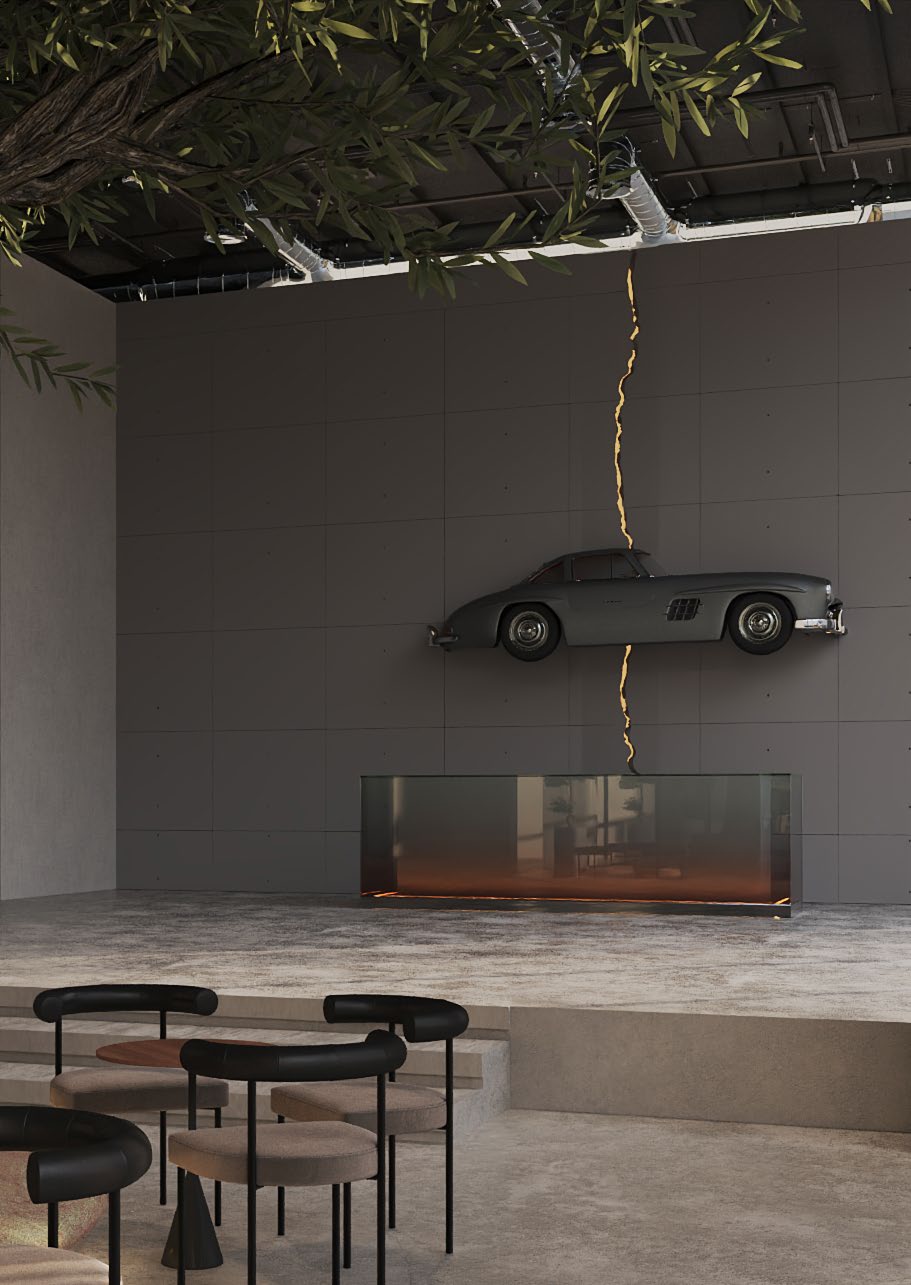 Minimal modular office with black work table and indoor greenery.