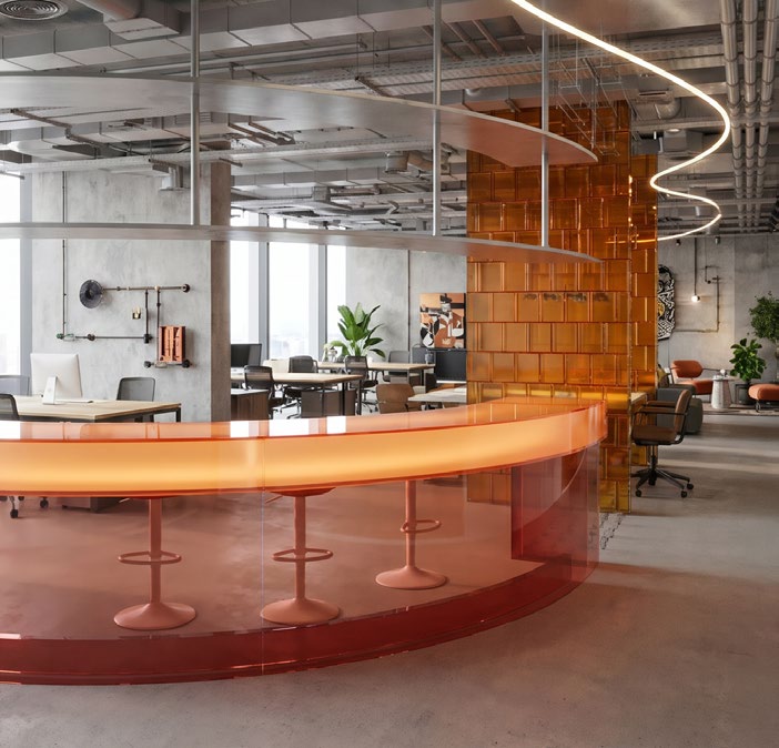 Contemporary coworking reception with curved orange desk.