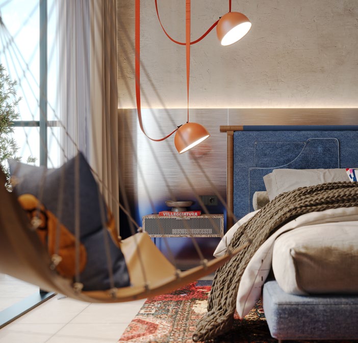Contemporary bedroom with an orange floor lamp and hammock.