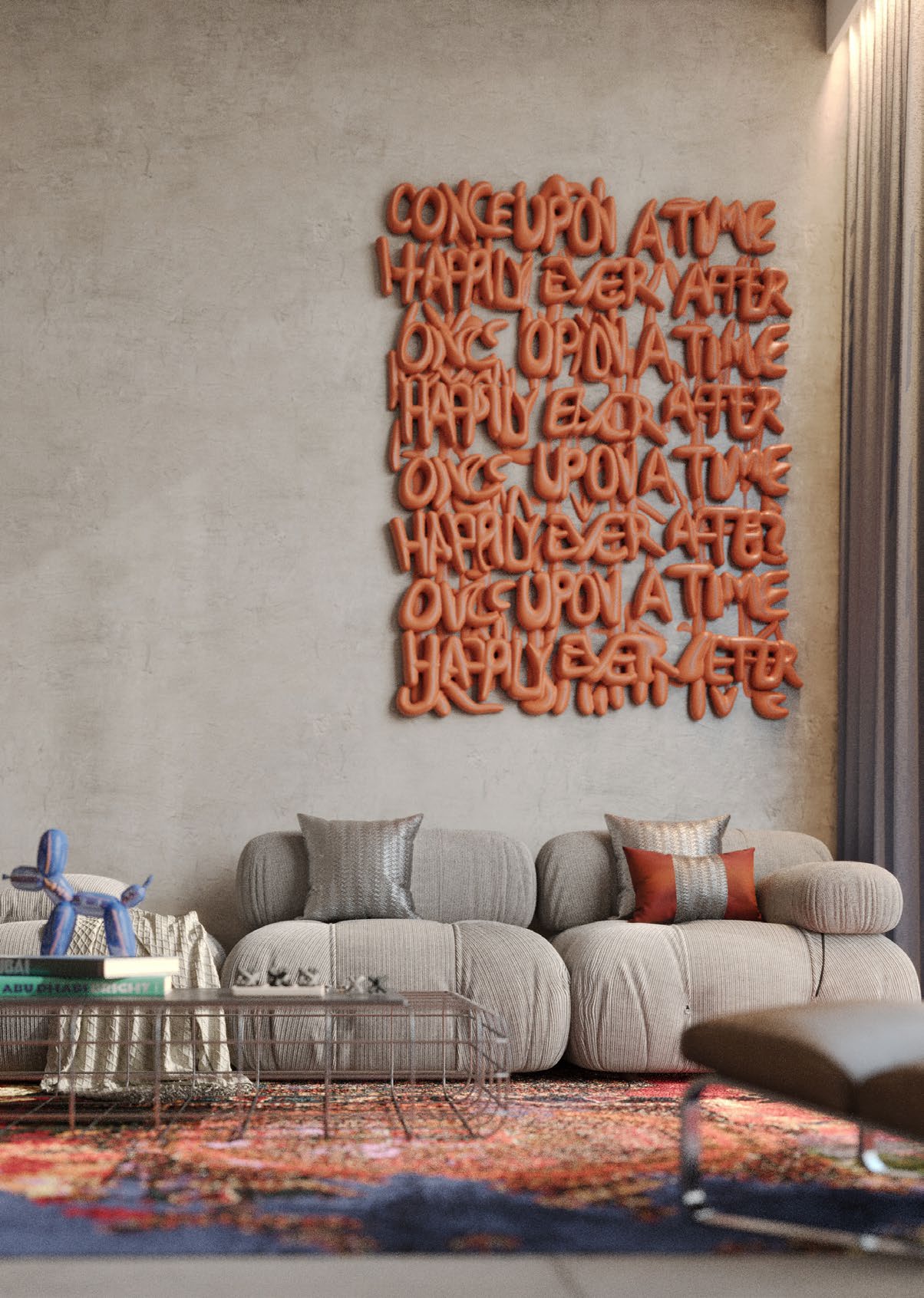 Furnished living room with textured sofa, colorful rug and statement wall art.