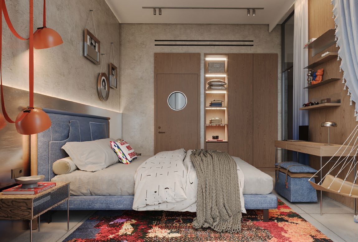 One-bedroom sleeping area with integrated storage and colorful accents.