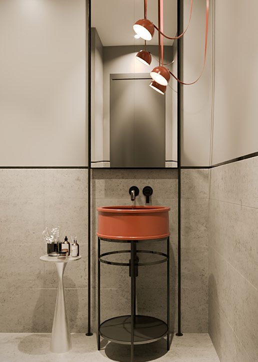 Contemporary shower area with dark trim and red accent stool.