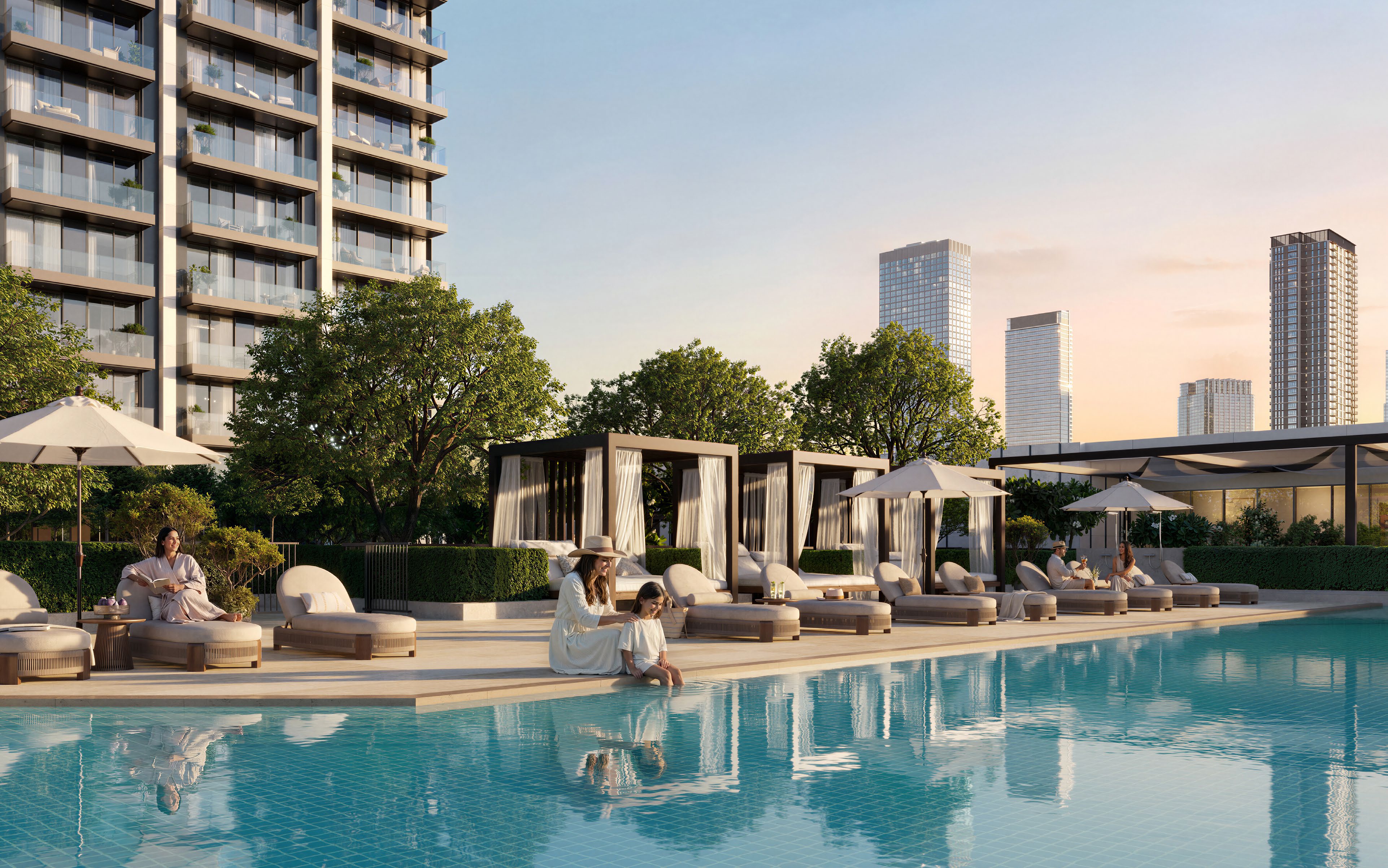 Terraza de pileta de Valia con cabañas con sombra y fachada residencial contemporánea
