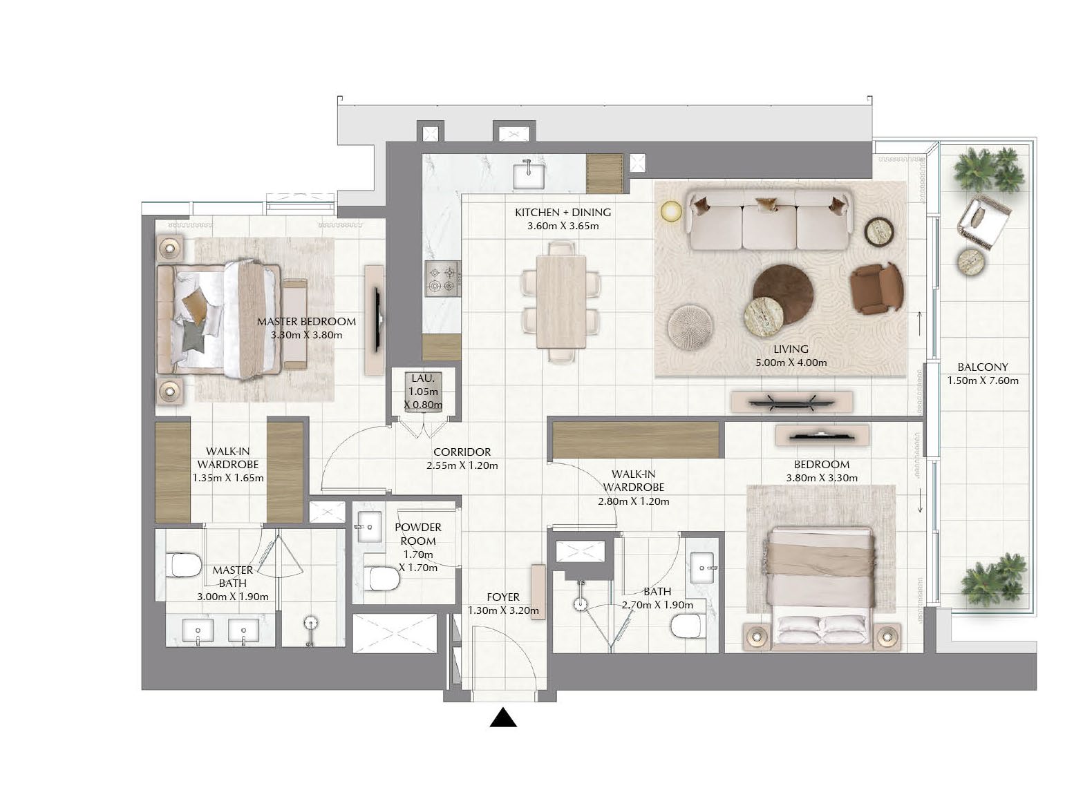 Plano típico oficial de una residencia de dos dormitorios de Valia