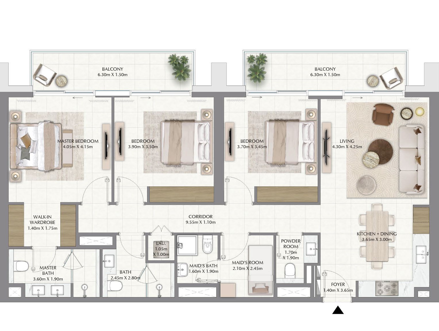 Plano típico oficial de una residencia de tres dormitorios de Valia