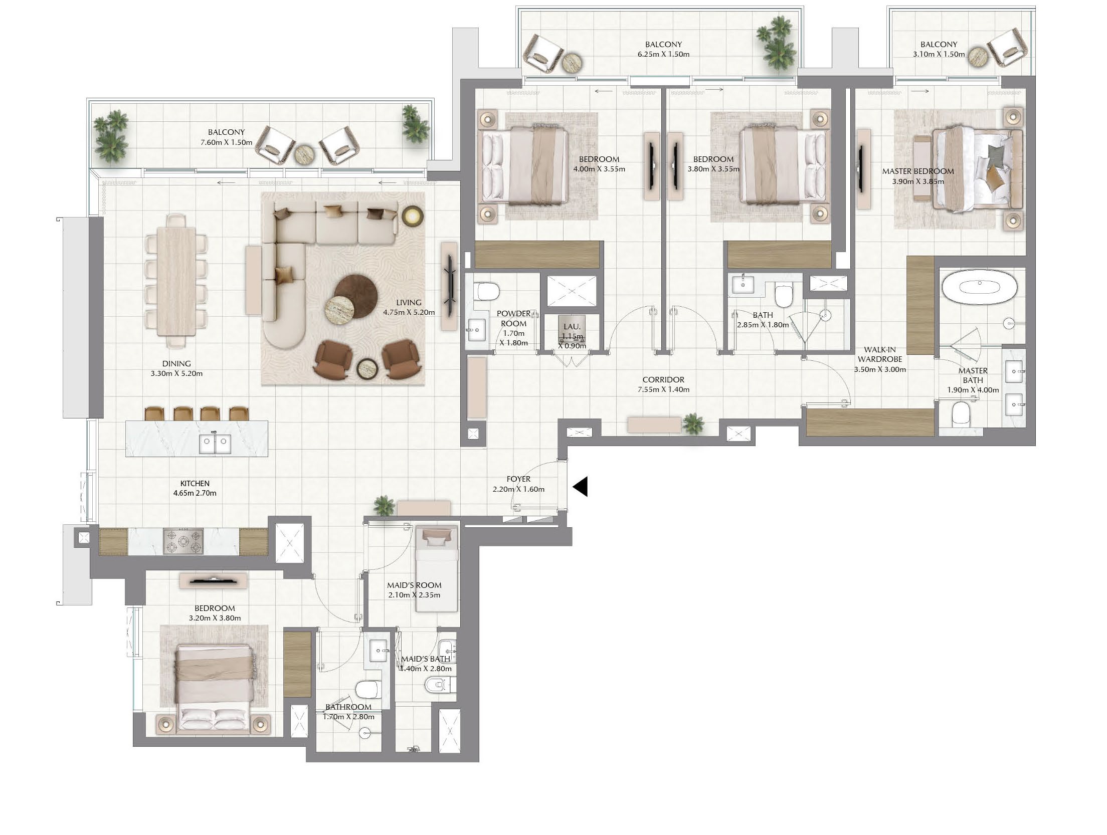 Plano típico oficial de una residencia de cuatro dormitorios de Valia