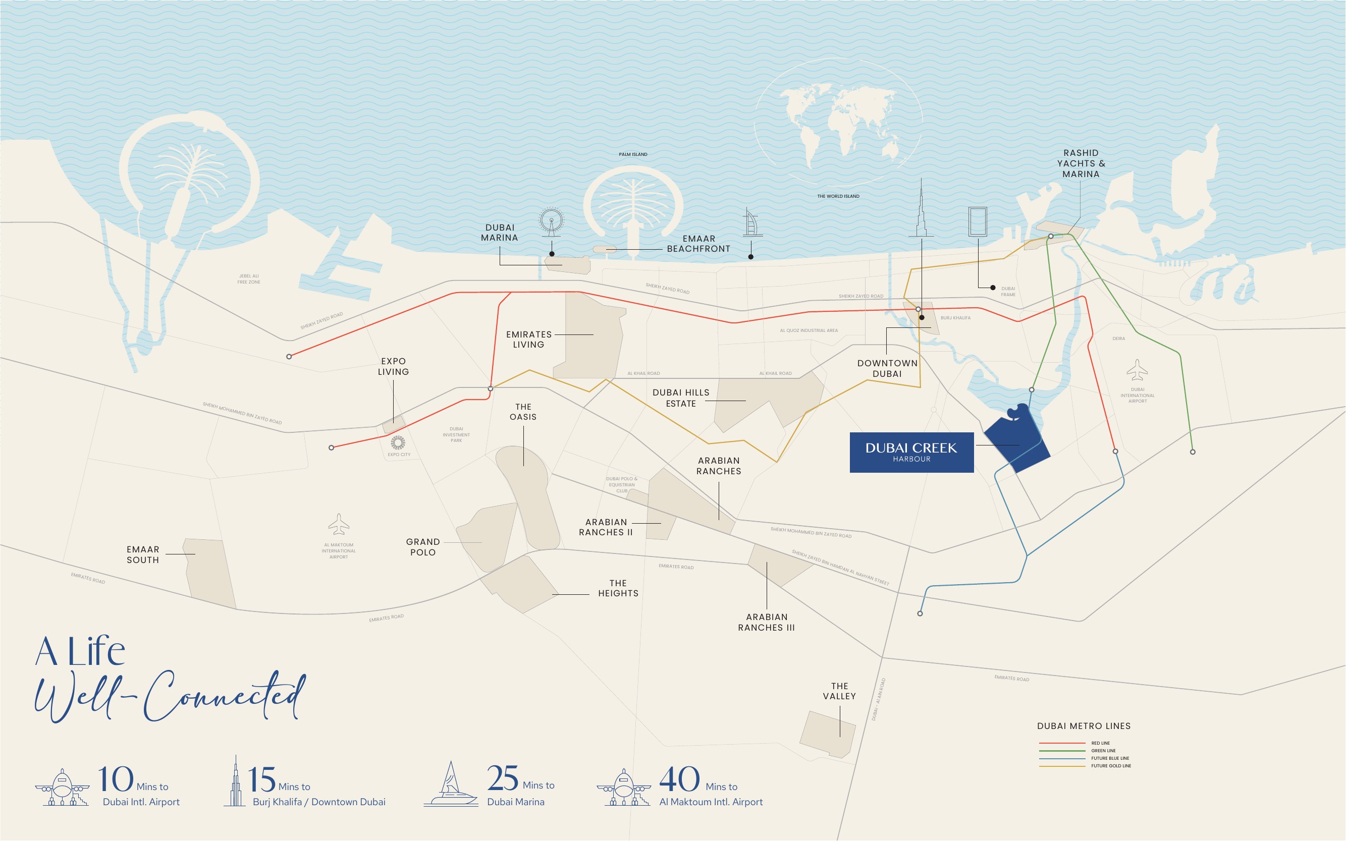 Mapa oficial de conectividad de Dubái que muestra Dubai Creek Harbour y los principales tiempos de viaje