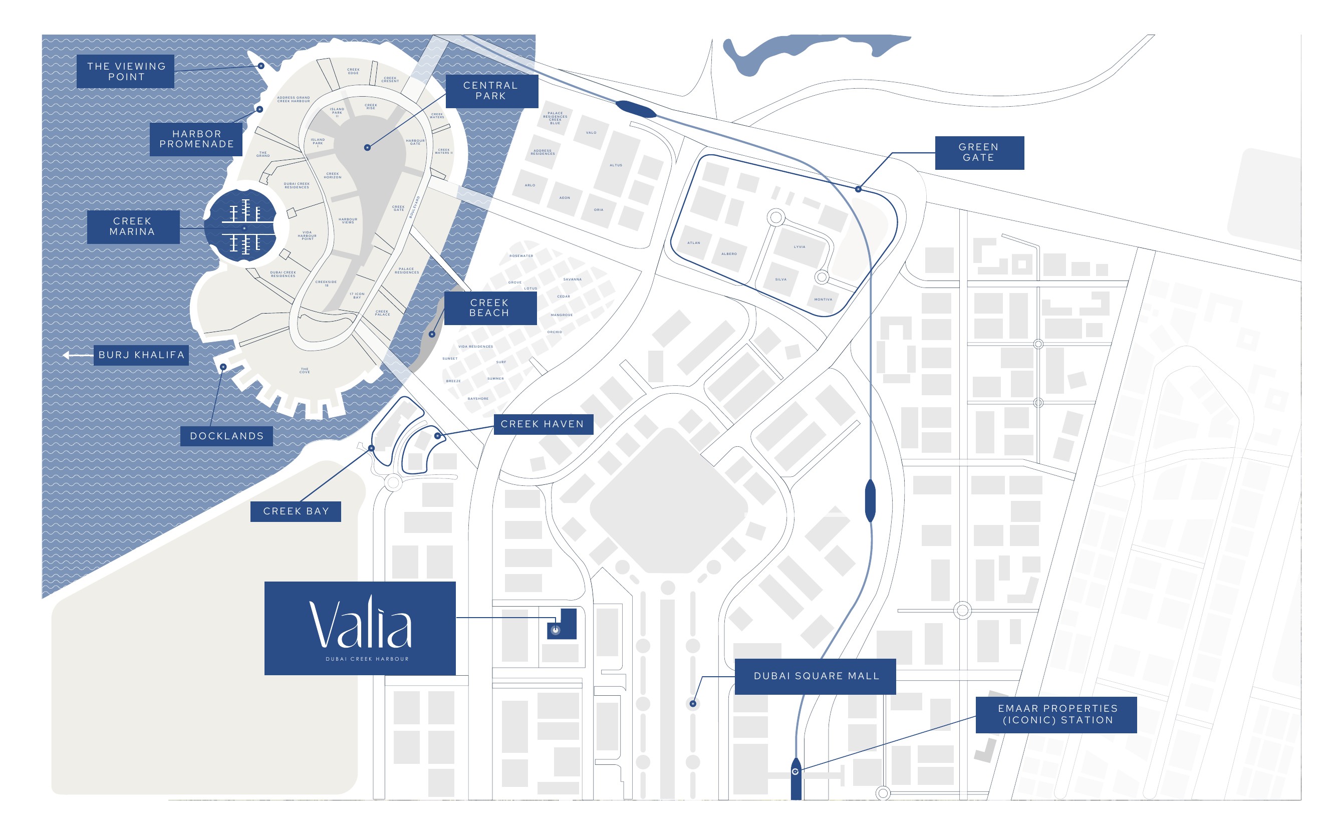 Masterplan oficial de Dubai Creek Harbour que ubica a Valia cerca de Dubai Square Mall y la futura estación de Emaar Properties