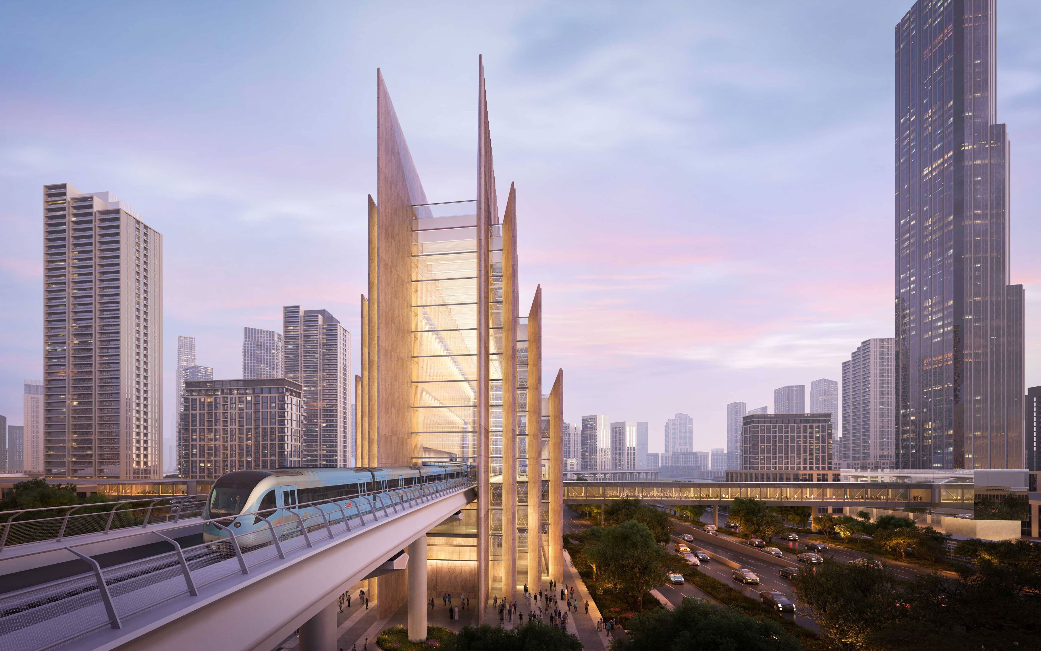 Renderizado arquitectónico de la futura estación de la Línea Azul del Metro de Dubái