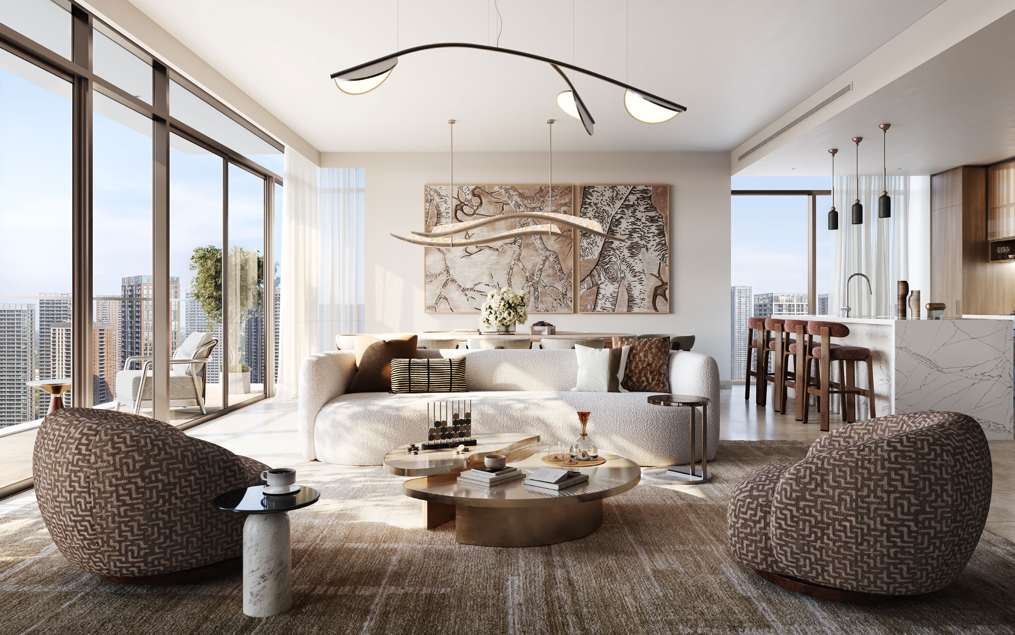 Living-comedor luminoso de planta abierta en una residencia Valia